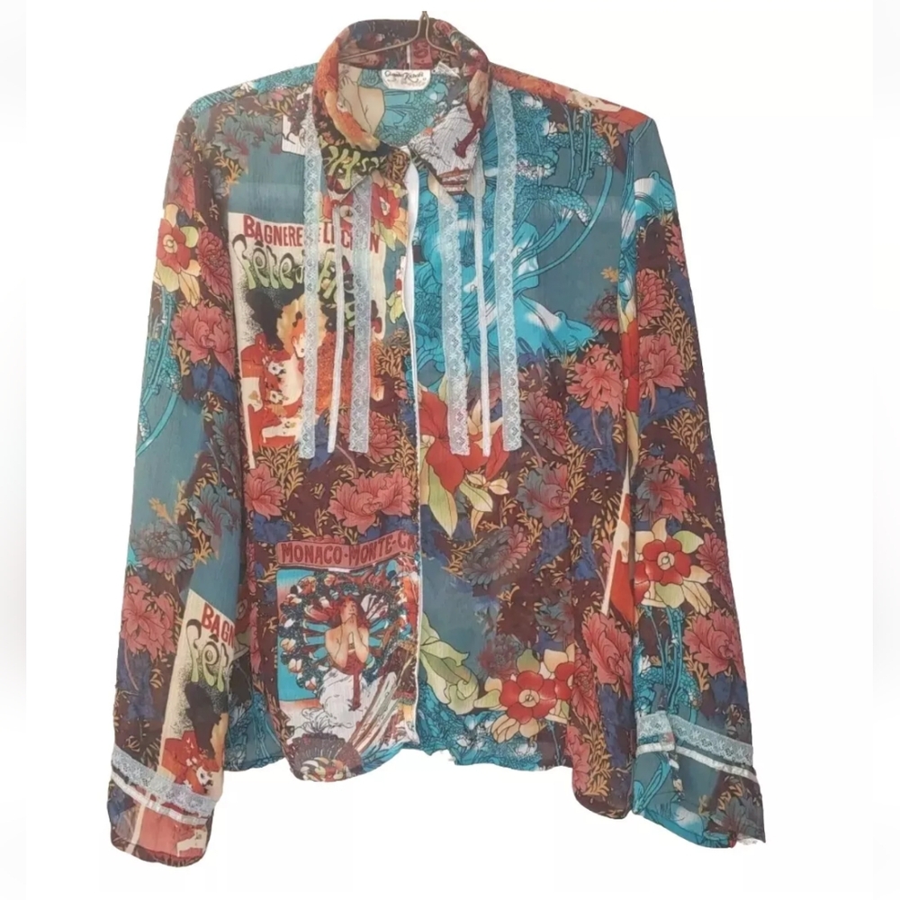 Claudia Richard Artsy Chiffon Blouse Woman Lg Boho Fairy Art To Wear Snap Shirt